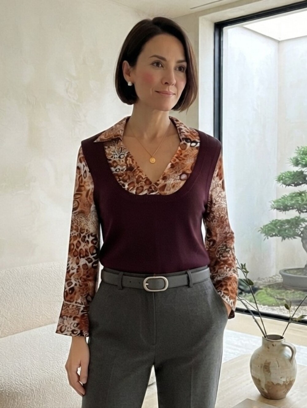 Tribal S Leopard Satin & Knit Vest-Layered Blouse Y2K Contemporary Academia